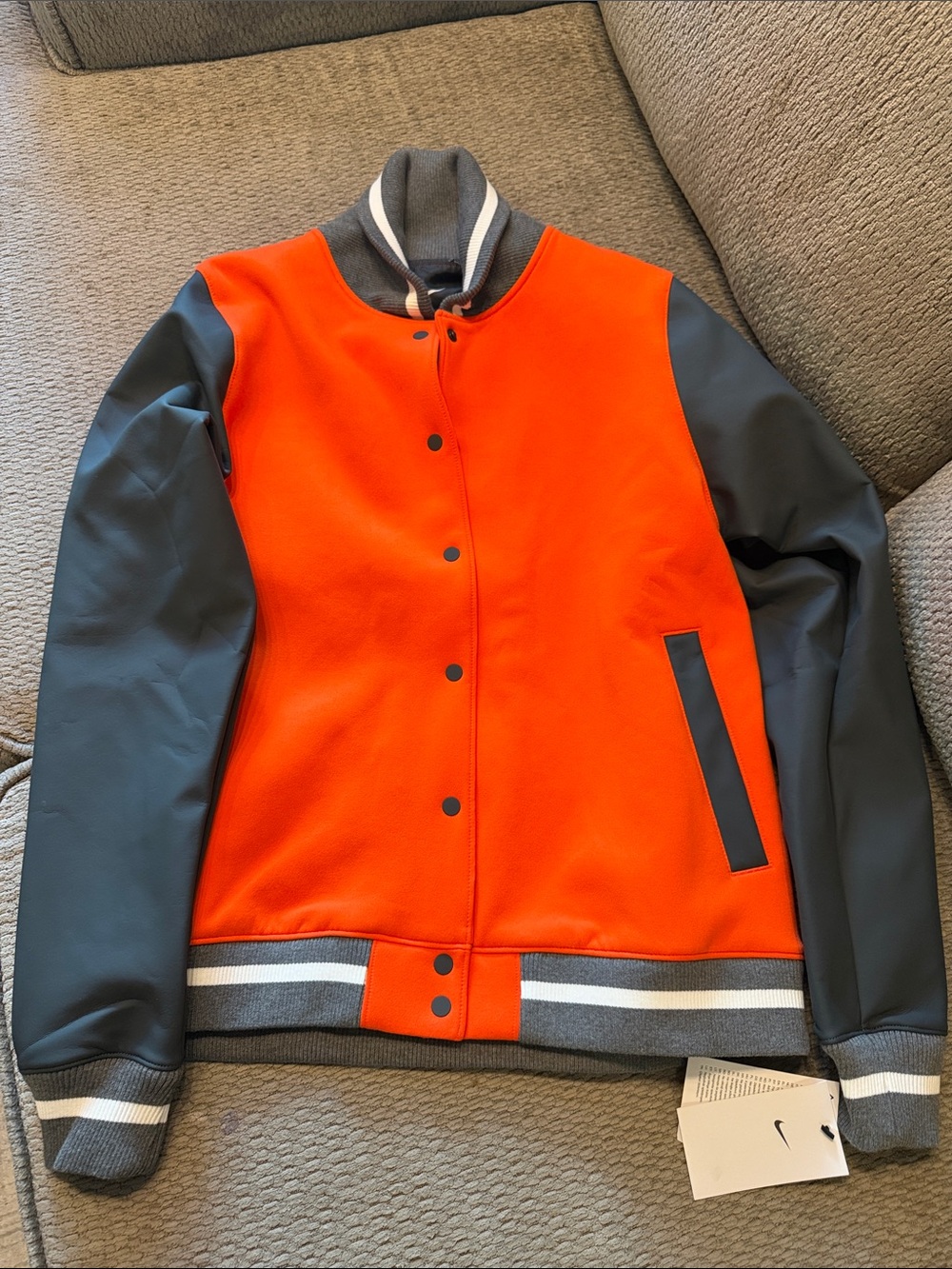 Nike Orange and Gray Leather-Sleeve Varsity Jacket